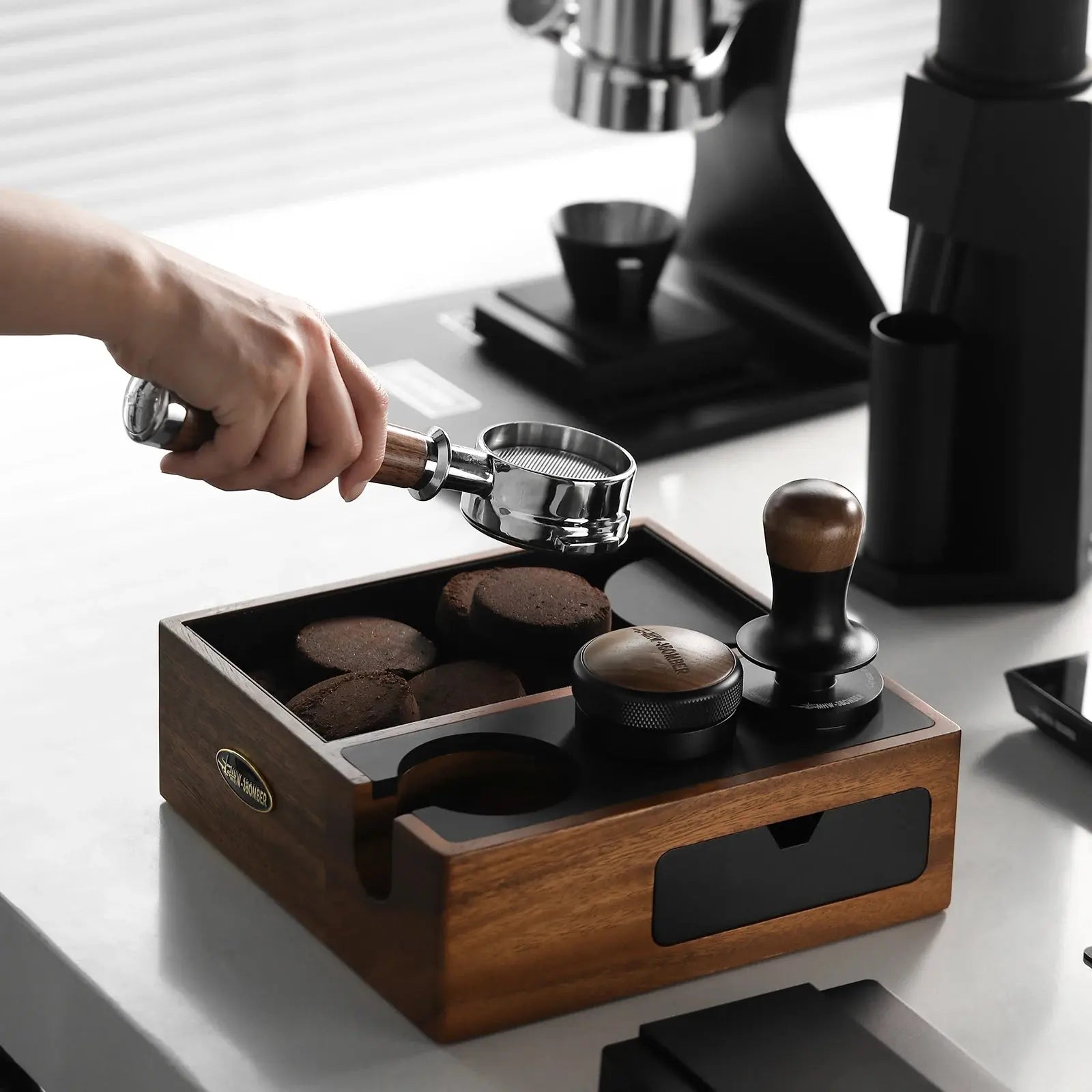 MHW-3BOMBER 51, 54, 58mm Drawer Espresso Knock Box & Storage + Coffee Tamper Holder Station bean & steam