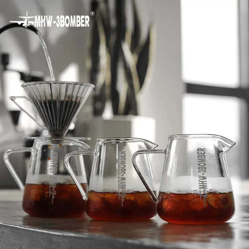 MHW-3BOMBER Drip Coffee Set 600ml Pour Over Kettle Gooseneck Spout Tea Pot Glass Filter Cup & Paper Coffee Servers Accessories bean & steam