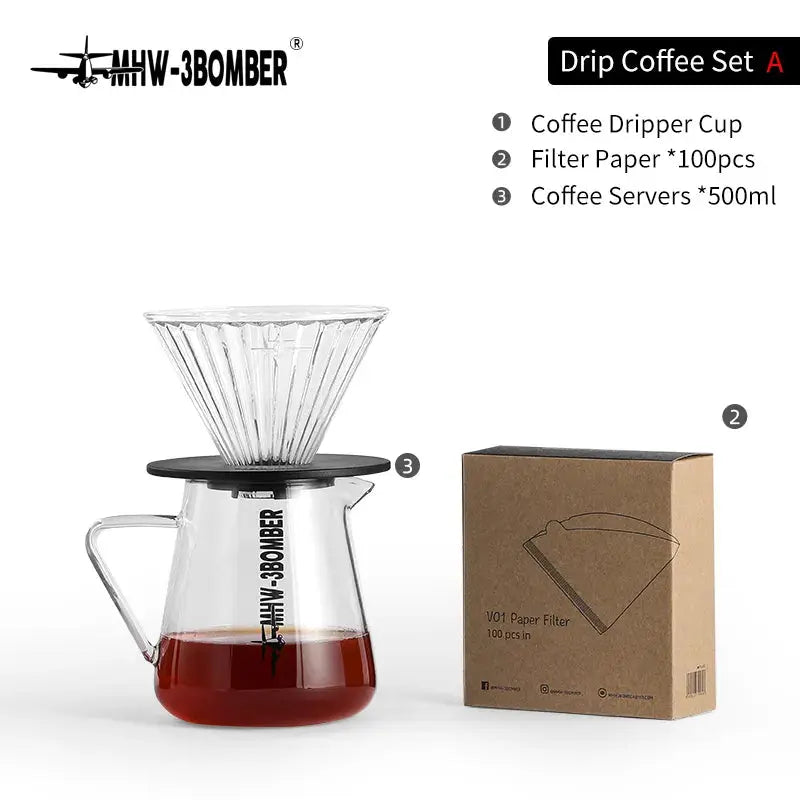 MHW-3BOMBER Drip Coffee Set 600ml Pour Over Kettle Gooseneck Spout Tea Pot Glass Filter Cup & Paper Coffee Servers Accessories bean & steam